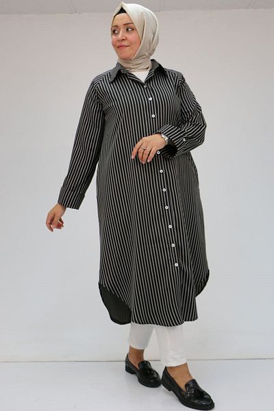 Eslina 48069 قميص أسود مخطط مقاس كبير - تفاصيل الأزرار