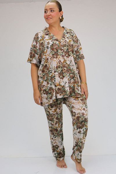 Eslina 37801 Σετ πιτζάμες βισκόζης - Plus Size, με κουμπιά και φλοράλ στάμπα μπεζ-καφέ