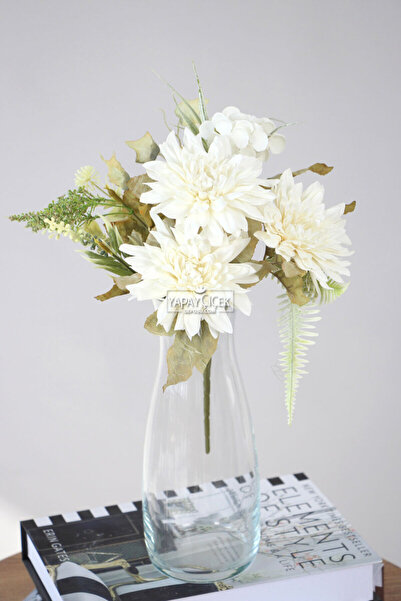 Yapay Çiçek Deposu Yapay Çiçek 7 Dallı Garnitürlü Retro Krizantem Buketi 30 cm Beyaz