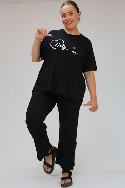 Eslina 47809 Black Plus Size Short Sleeve Pajama Set - Front Printed