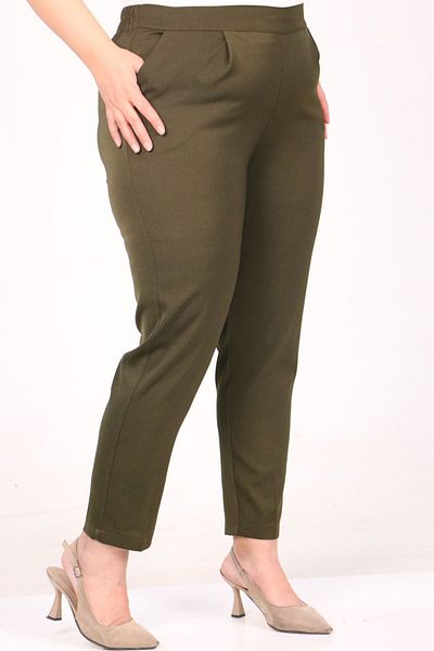 Eslina 49004 Plus Size Aspen Trousers - Elastic Waist and Pleat Detail - Khaki