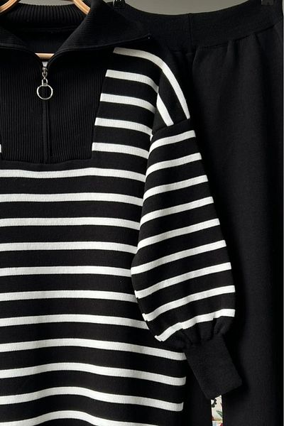 riwi Collar Zippered Striped Knitwear Set (Standard Size)
