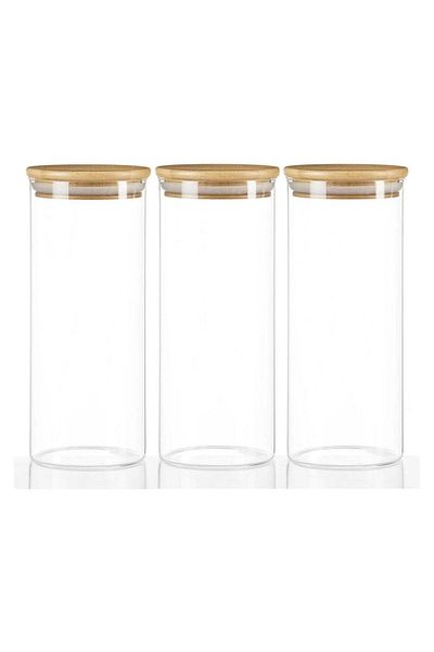 AVANTAGE HOME Donna - 3 Pieces Bamboo Vacuum Lid Borosilicate Glass Storage Container 21 x 8.5 cm, Spice Bowl 1,000 ml