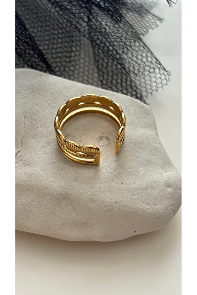 Çelik Gold Renk Üçlü Görünüm Kararmaz Çelik Yüzük
