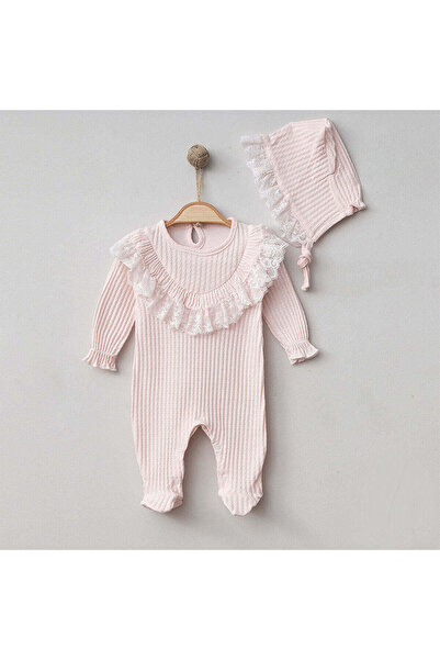 PUGİ Fistolu Jakarlı Kız Bebek Tulum ve Şapka Seti - Pembe