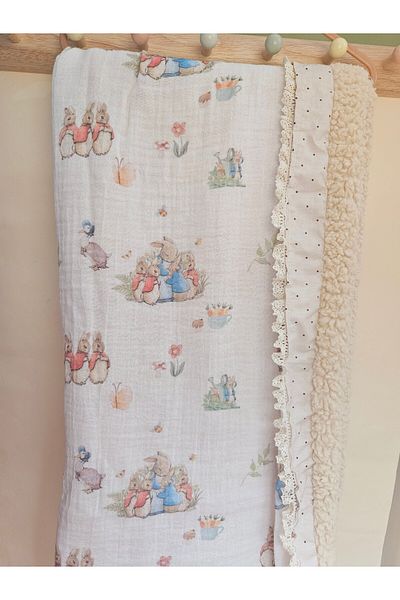 Leylace Peter Rabbit Patterned Muslin and Teddy Fabric Baby Blanket-5