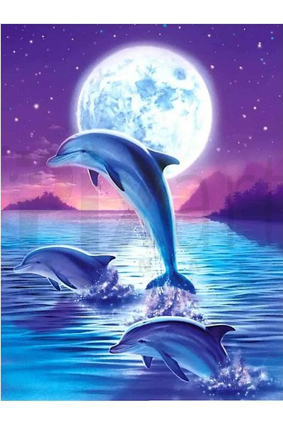 pixartsanat Dolphins Against The Moon Background 30 X 40 Cm Pixart Art Diamond Mosaic Painting Diamond Turkey