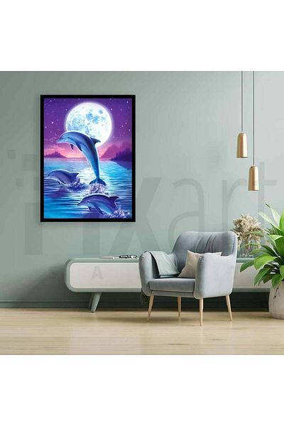 pixartsanat Dolphins Against The Moon Background 30 X 40 Cm Pixart Art Diamond Mosaic Painting Diamond Turkey
