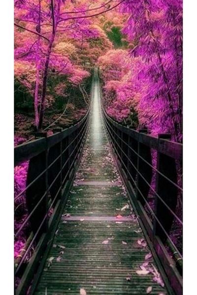 pixartsanat Wooden Bridge in Pink Forest Pixart Art Diamond Mosaic Painting Diamond Türkiye 30*55