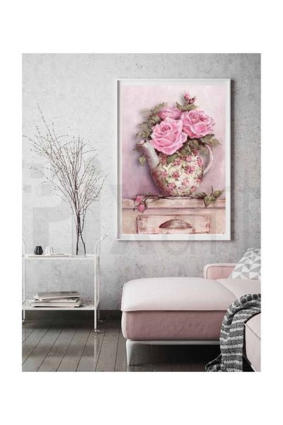 pixartsanat Pink Flower Teapot Pixart Art Diamond Mosaic Painting Diamond Türkiye 48*64