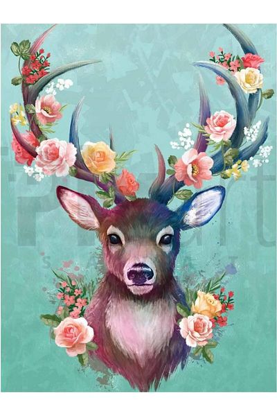 pixartsanat Pixart 30*40 cm Floral Deer Portrait - Diamond Mosaic Diamond Painting