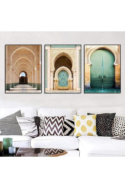pixartsanat 3-Piece Set Moroccan Arch - Canvas Poster, Islamic Sabr Bismillah, Allah Muslim Wall Pixart Art
