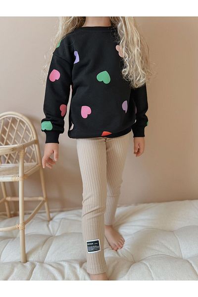 YİGİT BUTİK Heart Printed Tights Girl's Top and Bottom Set
