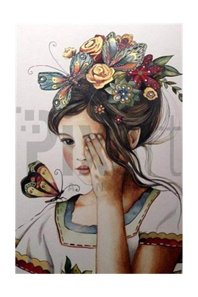 pixartsanat Diamond Turkey 38*56 - Flower and Butterfly in My Hair Pixart Art Diamond Mosaic Painting