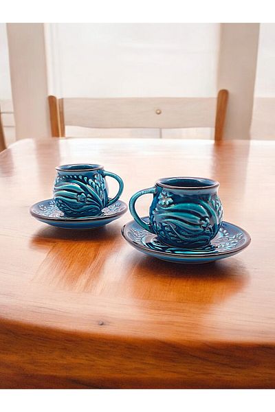 sharp&art Authentic Color and Embossed Patterned Coffee Cup Set for 2 People