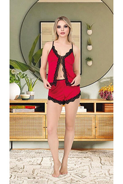 Genel Markalar Kırmızı Önü Açık Dantelli Yırtmaçlı Kadın Alt Üst Şort Pijama ...