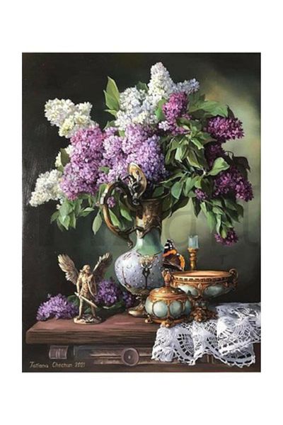 pixartsanat Lilacs in Silver Vase Pixart Art Diamond Mosaic Painting Diamond Turkey 51*69