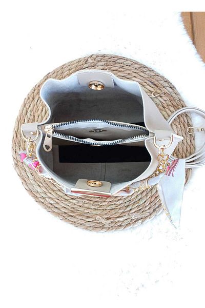 ugurlualisveris Women's Scarf and Chain Accessory Soft Leather 3 Compartment Hand and Shoulder Bag