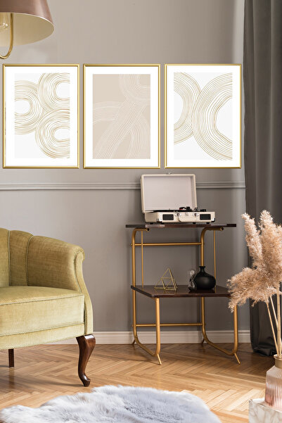 Linacci Üçlü Gold Metal Çerçeve Bohem Krem Beyaz Cam Tablo Seti