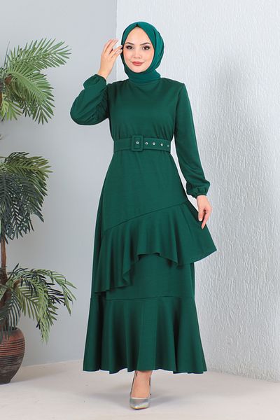 MODAQU Emerald Green Flounce Belted Dress