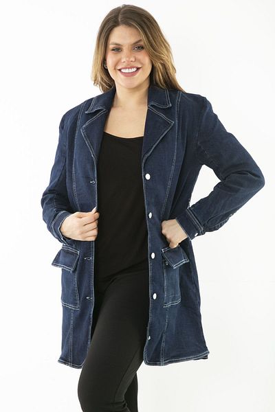 Şans Women's Large Size Navy Blue Front Button and Pocket Lycra Denim Coat 65N37112
