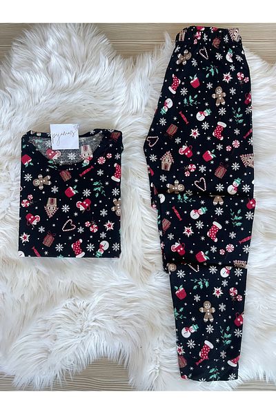 Pijamacs New Year's Patterned Suede Crew Neck Long Sleeve Pajama Set