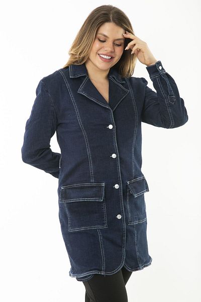 Şans Women's Large Size Navy Blue Front Button and Pocket Lycra Denim Coat 65N37112