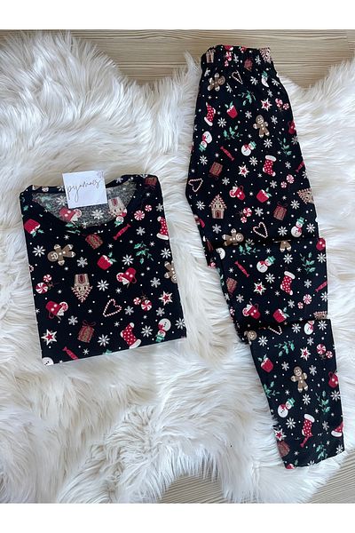 Pijamacs New Year's Patterned Suede Crew Neck Long Sleeve Pajama Set