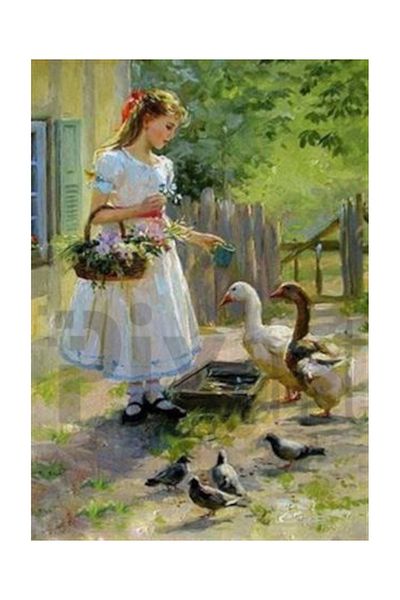 pixartsanat Girl Feeding a Duck in the Garden Pixart Art Diamond Mosaic Painting Diamond Turkey 43*60