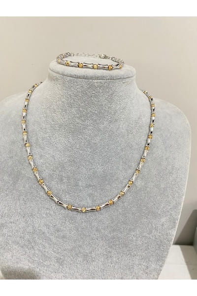 ANGELSS JEWELLERY مجموعة أساور وقلادة من الخيزران باللون الفضي من سيريناي دور...