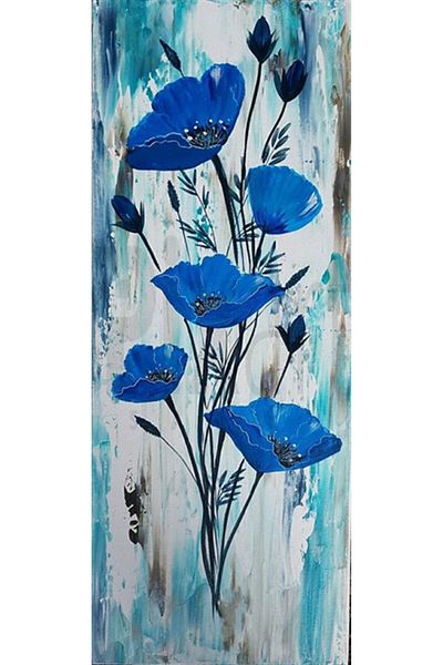 pixartsanat Blue Poppies with Watercolor Drawing Pixart Art Diamond Mosaic Painting Diamond Turkey 32*81