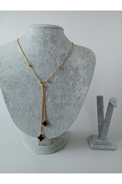 MelikeSteel Çelik Ayarlanabilir Sicim Zincir İkili Siyah Yonca Kolye