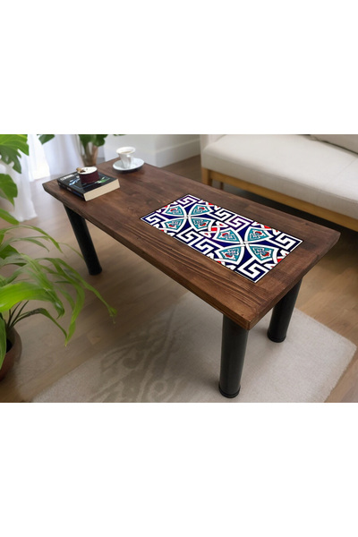 Home Seramik Detaylı Masif Orta Sehpa Siyah Metal Ayaklı  Salon Mobilyası
