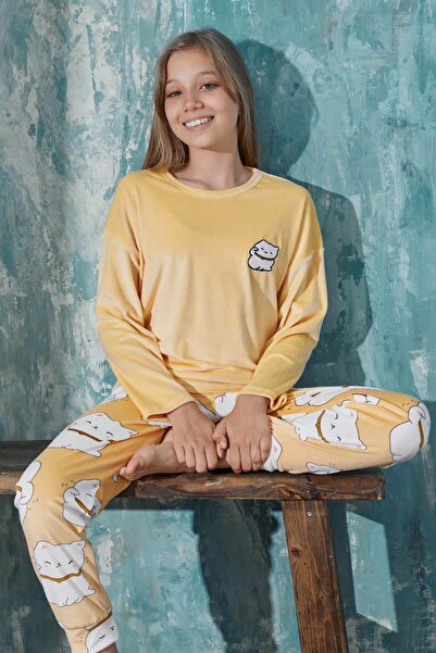 Pijamaevi Αποκλειστικό βελούδινο σετ πιτζάμες για κορίτσια με κίτρινο σχέδιο ...