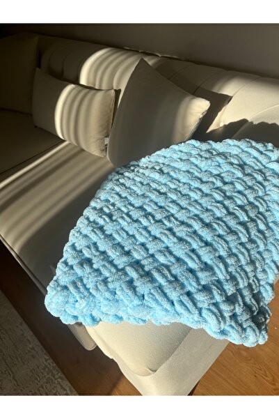 MESKSTORE Puffy Hand Knitted Baby Blanket, Blue Baby Blanket, 85X85