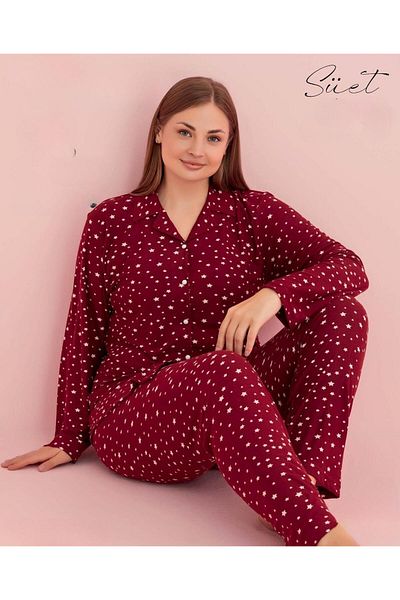 PİJAMERRY Pijamerry Women's Large Size Shirt Collar Suede Long Sleeve Pajamas Set 5265- 1 Piece