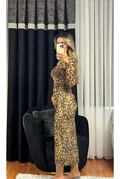 SHINE STYLE Leopar Desen Tek Omuz Tül Elbise Kahverengi