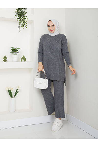 MODAMÜNASİP Tricotaj cu detaliu minunat de fir, pantaloni confortabili și eleganti, costum din două piese