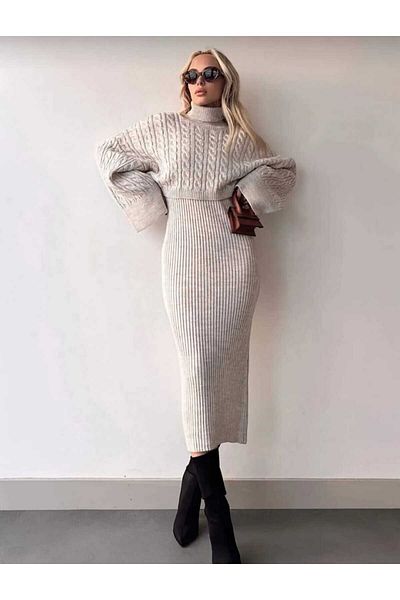 LİBASSİNİ Women's Winter Hair Knit Turtleneck Knitwear Double Set