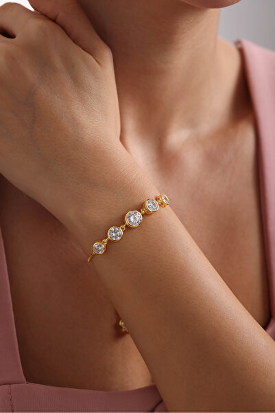 Nereze 925 Ayar Gümüş Gold Kaplama Ayarlanabilir Asansörlü Beştaş Model Bileklik