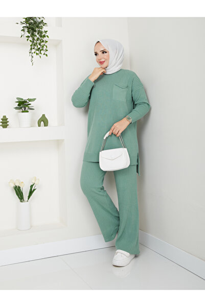 MODAMÜNASİP Tricotaj cu detaliu minunat de fir, pantaloni confortabili și eleganti, costum din două piese