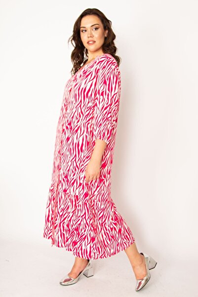 Şans Women's Large Size Fujya Woven Viscose Fabric Front Buttoned Hem Tiered Dress 65n33531