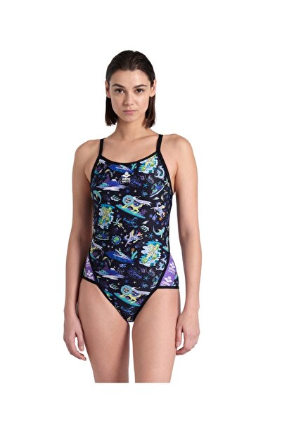 ARENA WOMEN'S ARENA FUN PLANET SWIMSUIT SUPERFLY BACK BLACK MULTI BLACK