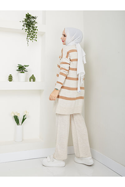 MODAMÜNASİP Υπέροχο ριγέ πλεκτό σετ δύο τεμαχίων με άνετο και κομψό παντελόνι