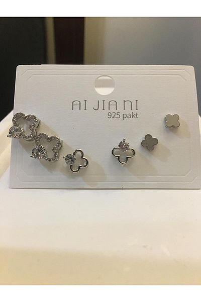 GUNESTAKI Silver 6-Piece Zircon Stone Lucky Earrings Set