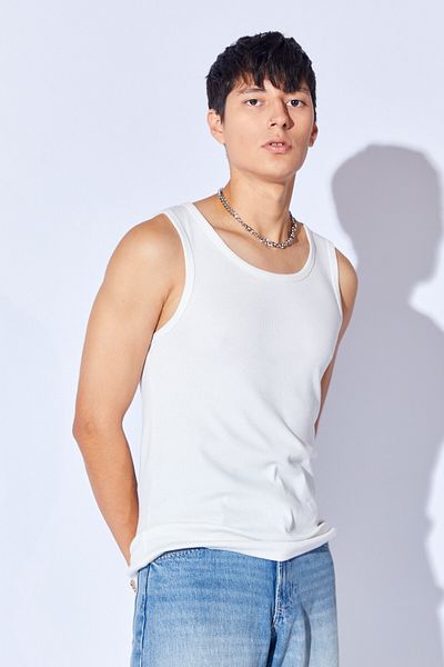 MAN EDITION Ecru Halter Collar Ribbed Luxury Quality Men's Lycra Tank Top |   Ee 1000310055