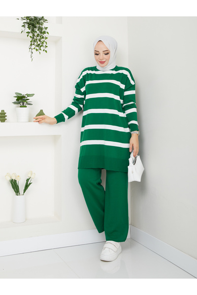 MODAMÜNASİP Υπέροχο ριγέ πλεκτό σετ δύο τεμαχίων με άνετο και κομψό παντελόνι