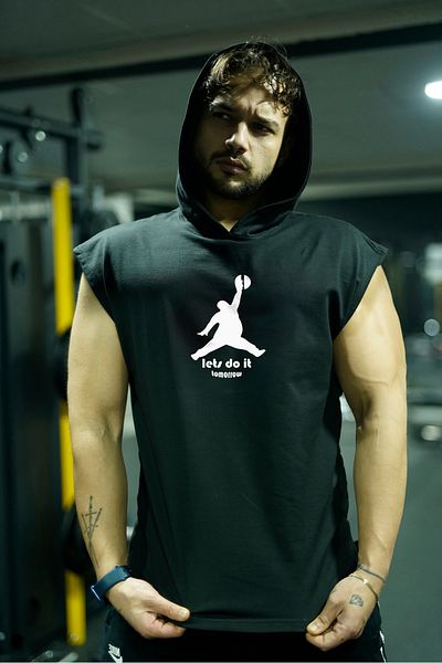 Oxlade Fitness Men's Athlete Tank Top Lets Do It Tomorrow Black Hooded Sport Gym Athlete Tank Top