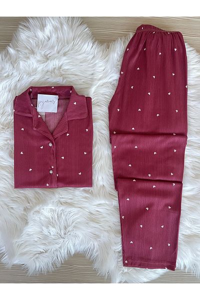 Pijamacs Dark Pink Heart Patterned Pegasus Short Sleeve Pajama Set