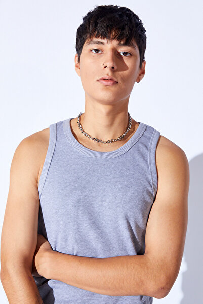 MAN EDITION Gray Halter Collar Ribbed Luxury Quality Men's Lycra Tank Top |   Ee 1000310055